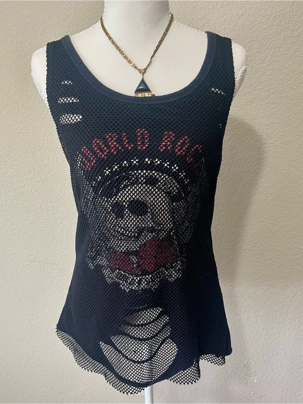 Madrag Black Mesh Graphic Tank Top - World Rock